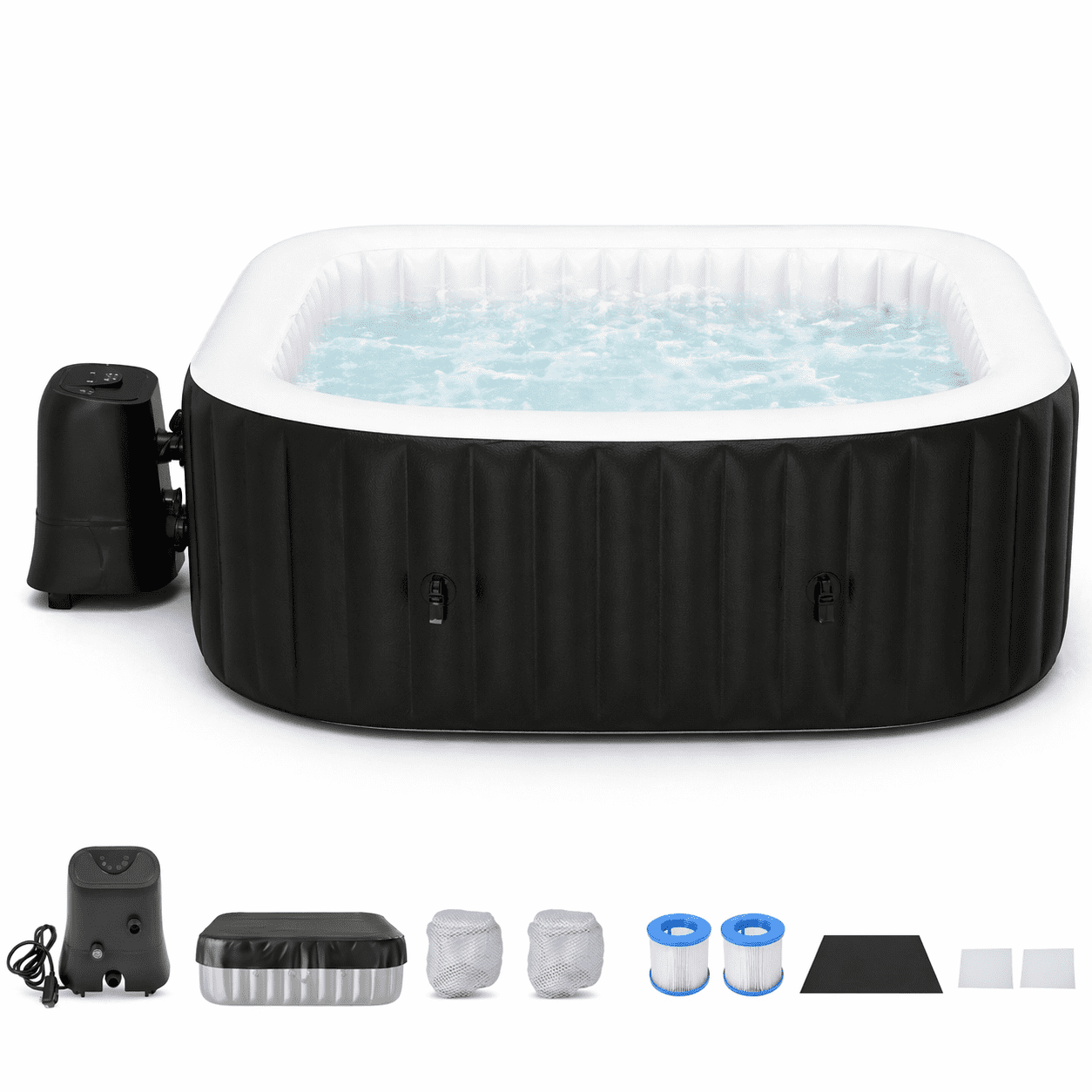 Ficisog Air Jet Inflatable Hot Tub for 2-4 Person, Portable Outdoor Blow Up Tub with Heater Pump and Insulated Cover, Square Family SPA Hot Tub, 185 Gallons, 110 Soothing Jets, 60" L X 60" W X 25" H