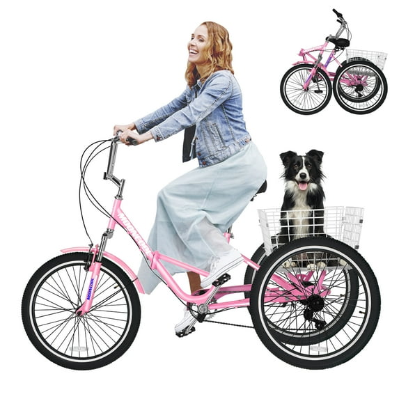Ficisog Foldable Carbon Steel Three-Wheel Tricycle with Rear Basket for Adult, Pink