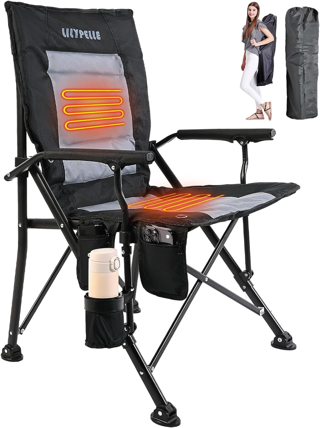 Ficisog Heated Camping Chair Heats Back and Seat Portable Heated Folding Chair with Cup Holder Walmart
