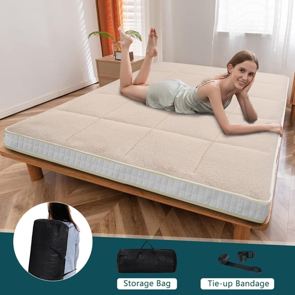 Ficisog Japanese 4" Thick Floor Mattress for Adults, Sherpa Fleece Futon Mattress, Roll Up Sleeping Pads, Portable Folding Floor Bed Tatami Mat