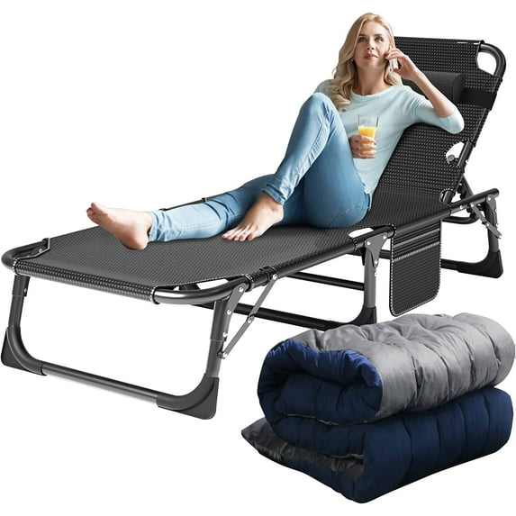Ficisog Portable Folding Camping Cot Bed, Adjustable 4-Position Adults Reclining Folding Chaise with Pillow, Outdoor Folding Lounge Chair Sleeping Cot