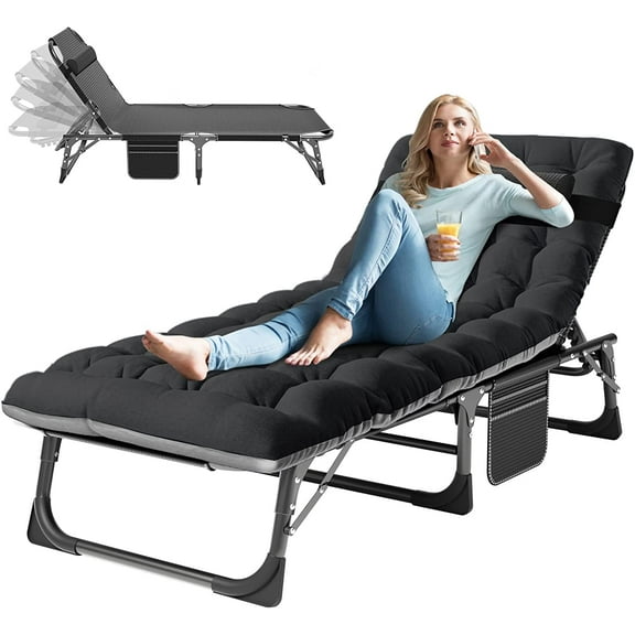 Ficisog Portable Folding Camping Cot Bed, Adjustable 4-Position Adults Reclining Folding Chaise with Pillow, Outdoor Folding Lounge Chair Sleeping Cot