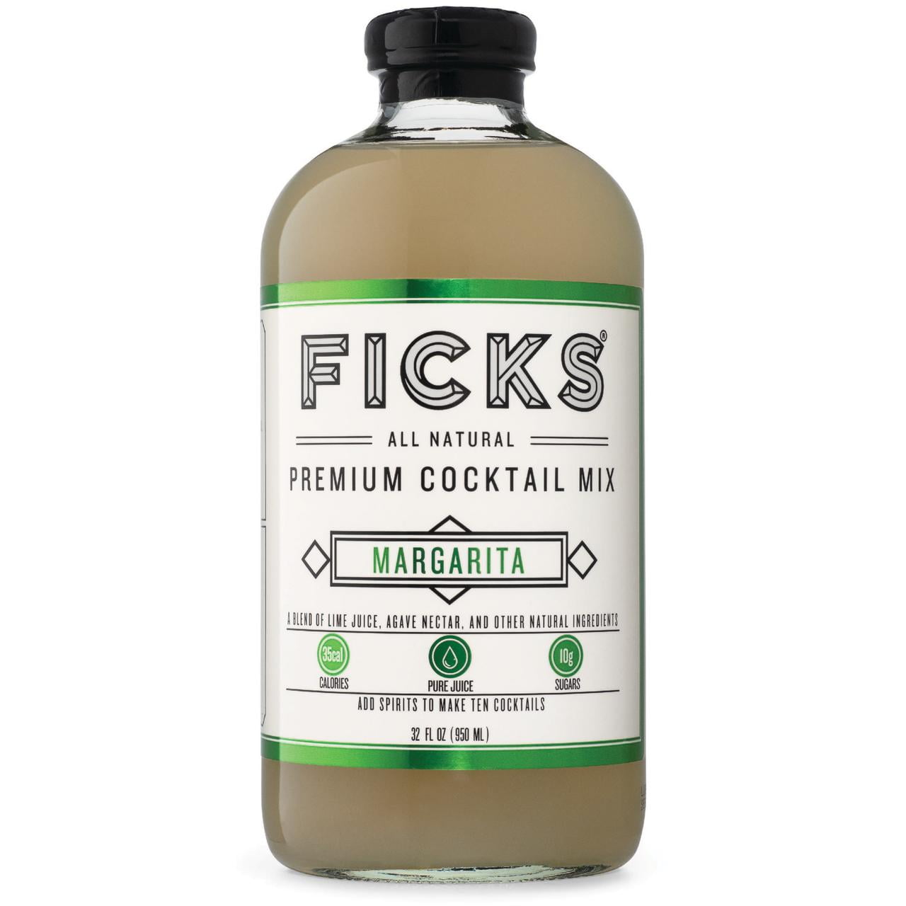 Ficks Margarita Cocktail Mix - All Natural, Only 10g Sugar per Serving - Made with Lime Juice and Agave Nectar - 32oz Liquid Glass Bottles. Add tequila for 10 cocktails.