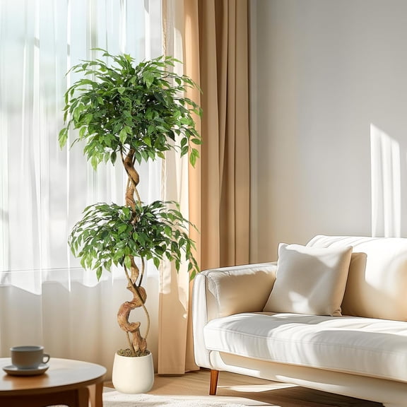 Ficus Artificial Plant with Curved Trunk,5 ft Faux Plant Fake Silk Plants with White Pot, Fake Ficus Plant for Home Decor, Artificial Plants Indoor for Office Living Room