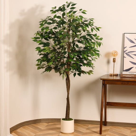 Ficus Artificial Tree 6ft Tall Fake Ficus Tree for Home Decor Indoor Faux Silk Ficus Plant Fake Floor Plant in White Imitation Ceramic Planter