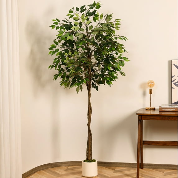 Ficus Artificial Tree 7ft Tall Fake Ficus Tree for Home Decor Indoor Faux Silk Ficus Plant Fake Floor Plant in White Imitation Ceramic Planter