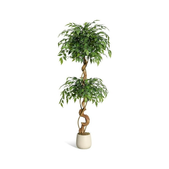 Ficus Artificial Tree with Curved Trunk，4/5/6 Feet Faux Plant Fake Silk Trees with White Pot, Fake Ficus Tree for Home Decor, Artificial Plants Indoor for Office Living Room