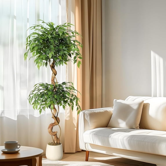 Ficus Artificial Tree with Curved Trunk,5 Feet Faux Plant Fake Silk Trees with White Pot, Fake Ficus Tree for Home Decor, Artificial Plants Indoor for Office Living Room