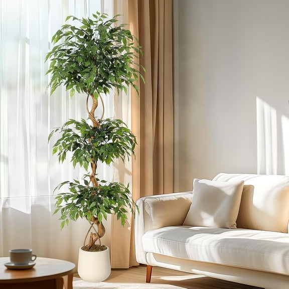 Ficus Artificial Tree with Curved Trunk，6 Feet Faux Plant Fake Silk Trees with White Pot, Fake Ficus Tree for Home Decor, Artificial Plants Indoor for Office Living Room