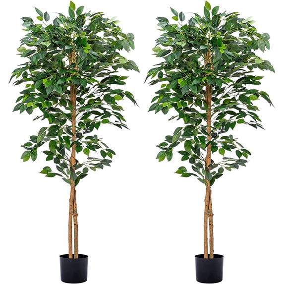Ficus Artificial Trees- 5Ft Tall Silk Ficus Tree with Realistic Leaves and Natural Trunk Faux Tree in Stable Pot Aesthetic Room Decor (5Ft - 2Packs)…