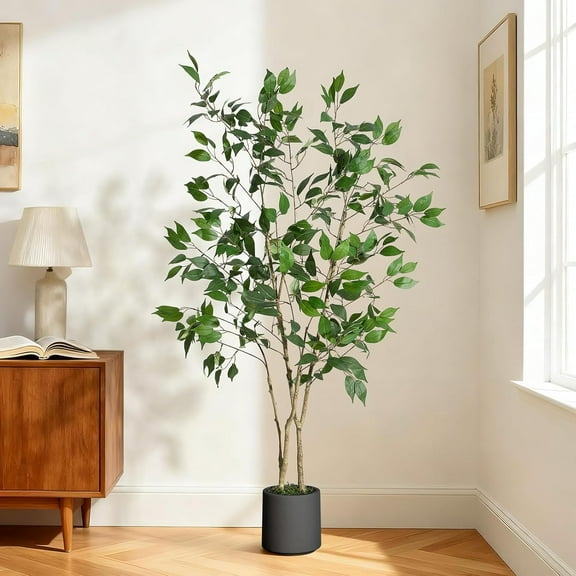 Ficus Trees Artificial Indoor, 5FT Tall Faux Ficus Tree with Black Planter & Green Fake Moss, Artificial Plants with Natural Wood Trunk & Lifelike Fruits for Home Office Decor