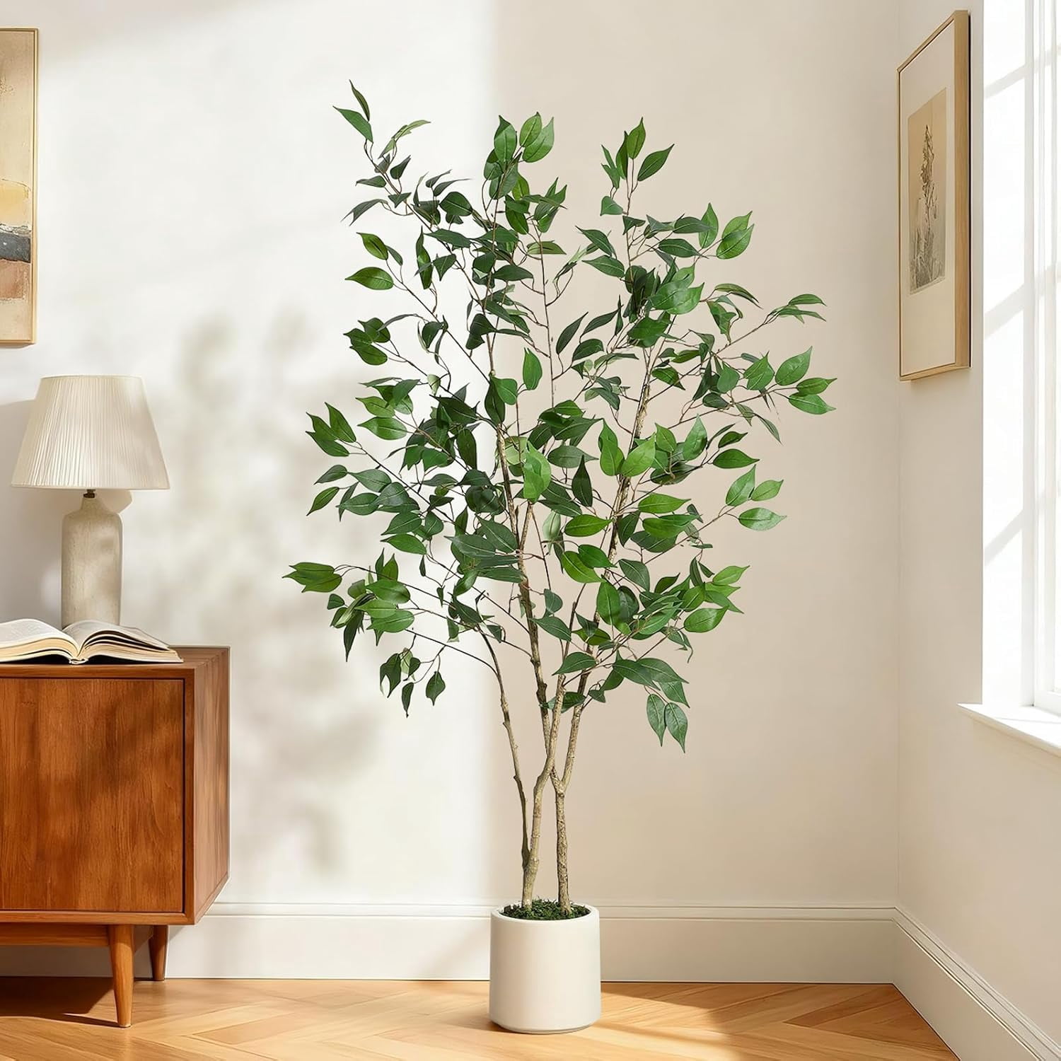 Ficus Trees Artificial Indoor, 5FT Tall Faux Ficus Tree with White Planter & Green Fake Moss, Artificial Plants with Natural Wood Trunk & Lifelike Fruits for Home Office Decor