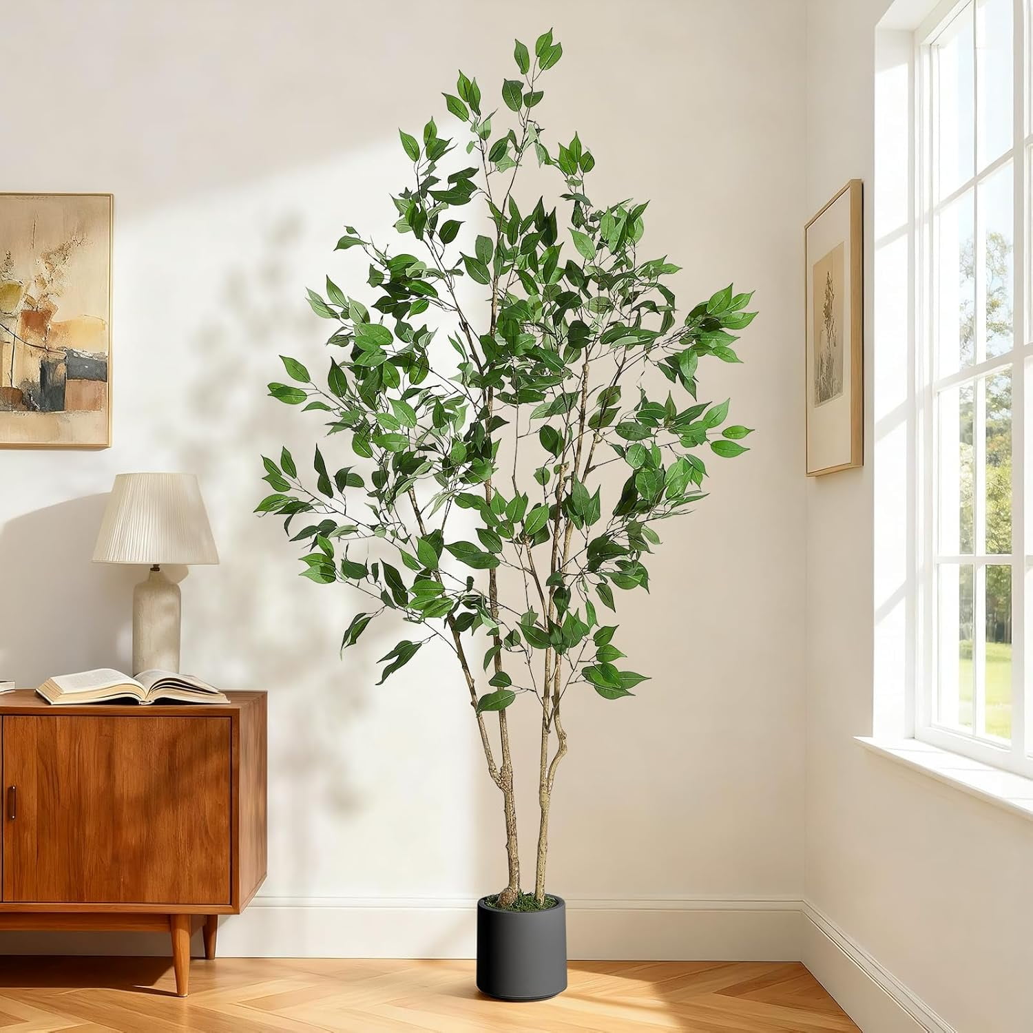 Ficus Trees Artificial Indoor, 6FT Tall Faux Ficus Tree with Black Planter & Green Fake Moss, Artificial Plants with Natural Wood Trunk & Lifelike Fruits for Home Office Decor