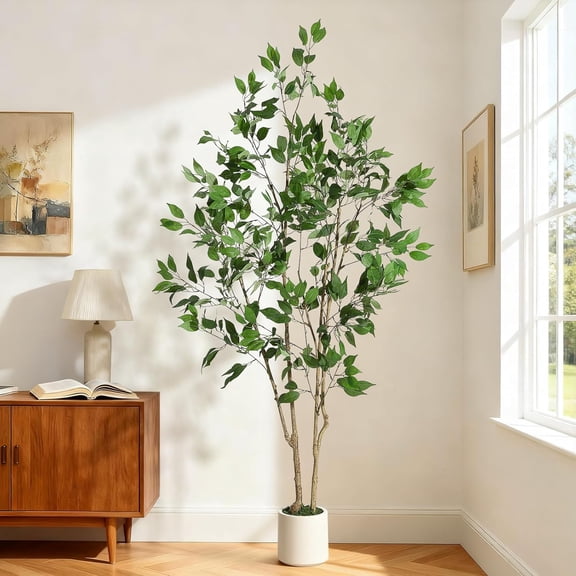 Ficus Trees Artificial Indoor, 6FT Tall Faux Ficus Tree with White Planter & Green Fake Moss, Artificial Plants with Natural Wood Trunk & Lifelike Fruits for Home Office Decor