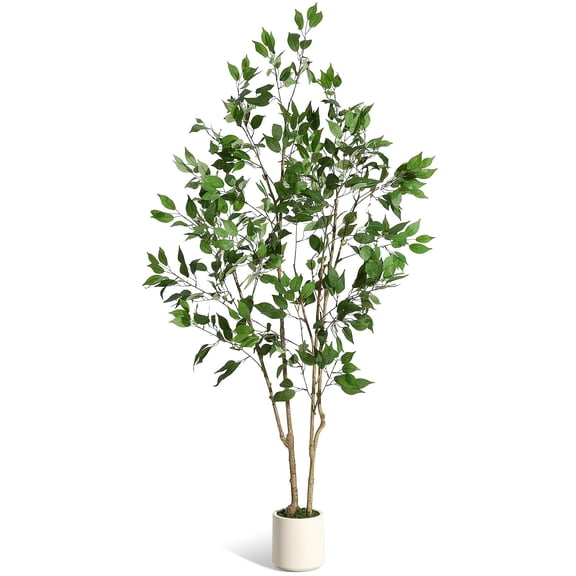 Ficus Trees Artificial Indoor, 6FT Tall Faux Ficus Tree with White Planter & Green Fake Moss, Artificial Plants with Natural Wood Trunk & Lifelike Fruits for Home Office Decor