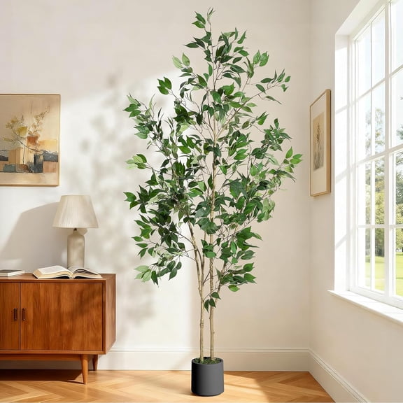 Ficus Trees Artificial Indoor, 7FT Tall Faux Ficus Tree with Black Planter & Green Fake Moss, Artificial Plants with Natural Wood Trunk & Lifelike Fruits for Home Office Decor
