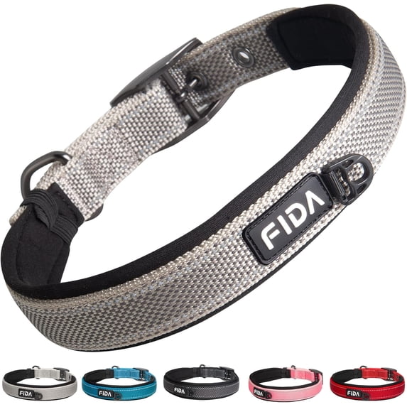 Fida Heavy Duty Dog Collar, Ultra Comfortable Soft Neoprene Padded, Adjustable Reflective Nylon Pet Collar with Durable Metal Belt Buckle for Large Breeds (L, Grey)