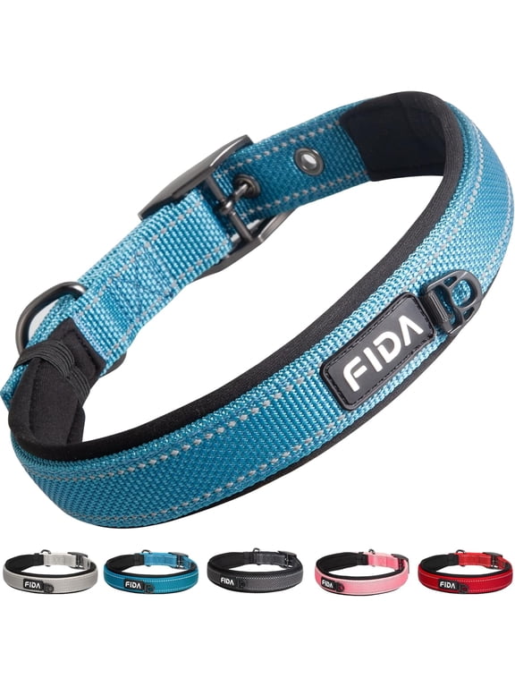 Heavy Duty Dog Collar, Ultra Comfortable Soft Neoprene Padded, Adjustable Reflective Nylon Pet Collar with Durable Metal Belt Buckle for Medium Breeds (M, Blue)