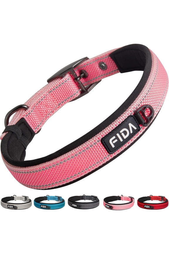 Heavy Duty Dog Collar, Ultra Comfortable Soft Neoprene Padded, Adjustable Reflective Nylon Pet Collar with Durable Metal Belt Buckle for Medium Breeds (M, Pink)