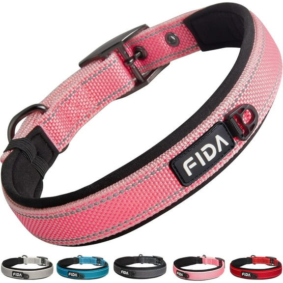 Fida Heavy Duty Dog Collar, Ultra Comfortable Soft Neoprene Padded, Adjustable Reflective Nylon Pet Collar with Durable Metal Belt Buckle for Medium Breeds (M, Pink)
