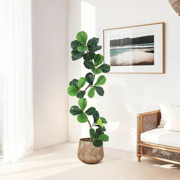 Fiddle Leaf Fig Artificial Tree with White Planter,5 ft Faux Plants Indoor with Moss, Fake Rubber Tall Fake Floor Plant in Pot - Artificial Trees for Home Office Living Room Decor