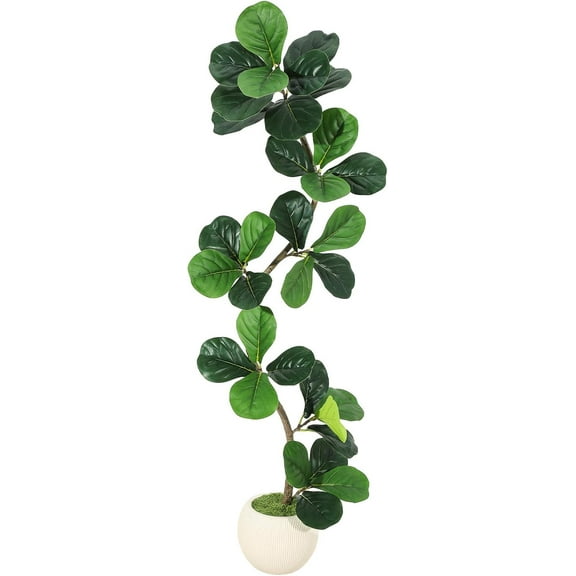 Fiddle Leaf Fig Artificial Tree with White Planter,5ft Faux Plants Indoor with Moss, Fake Rubber Tall Fake Floor Plant in Pot - Artificial Trees for Home Office Living Room Decor