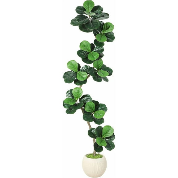 Fiddle Leaf Fig Artificial Tree with White Planter,7ft Faux Plants Indoor with Moss, Fake Rubber Tall Fake Floor Plant in Pot - Artificial Trees for Home Office Living Room Decor
