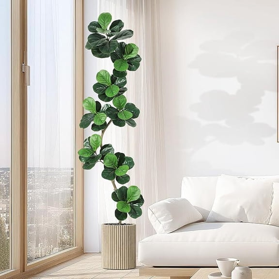 Fiddle Leaf Fig Artificial Tree with White Planter,7ft Faux Plants Indoor with Moss, Fake Rubber Tall Fake Floor Plant in Pot - Artificial Trees for Home Office Living Room Decor