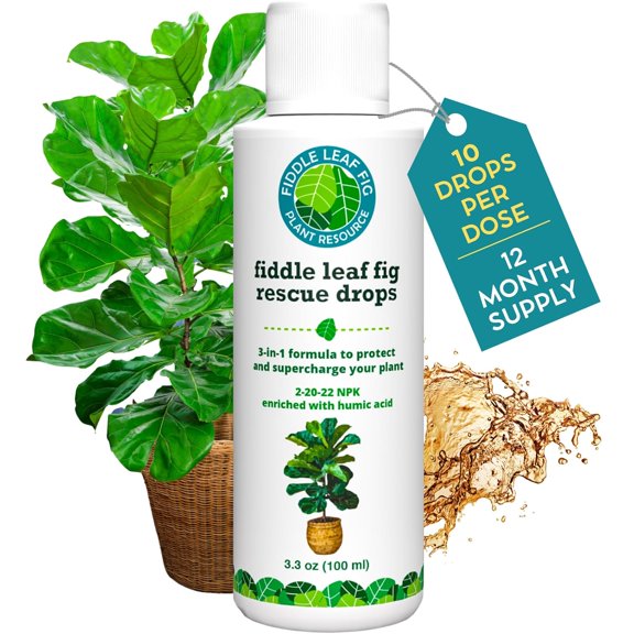 Fiddle Leaf Fig Rescue Drops Treats Root Rot, Brown Spots, Leaf Drop & Stress | Immune Boosting Liquid Formula Concentrate | Easy to Use | Safe for All Tropical Plants | 3.3 oz | Made in USA