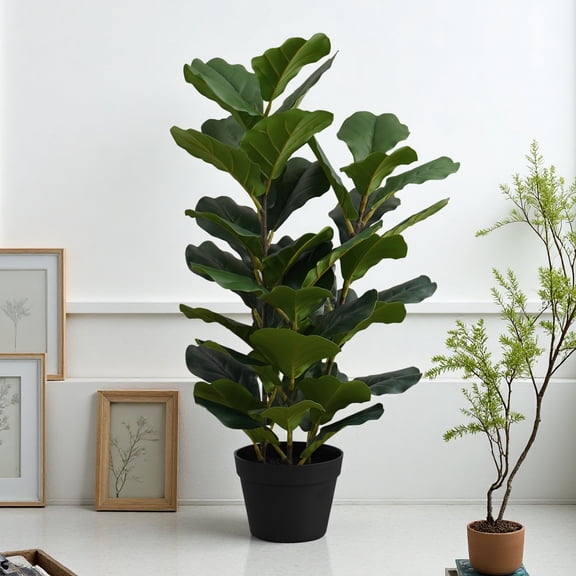 Fiddle Leaf Fig Tree, 32 Inch Artificial Indoor Plant - Real Touch Faux Greenery with 45 Adjustable Leaves and Black Pot