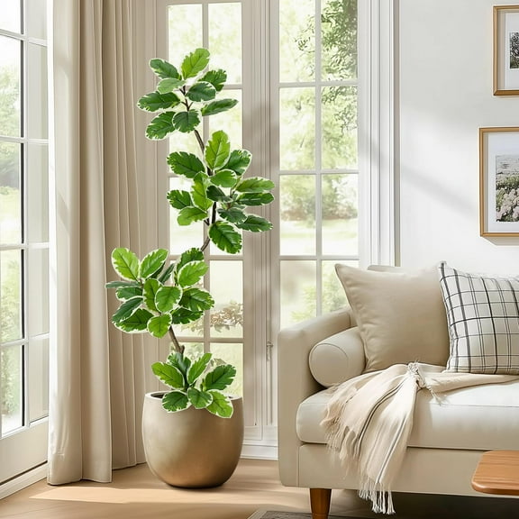 Fiddle Leaf Fig Tree Artificial Indoor, 5FT Tall Faux Rubber Tree with Sphere Planter, Tall Artificial Plants with Moss for Home Decor Office Living Room Decorative Fruit Gift Ornaments