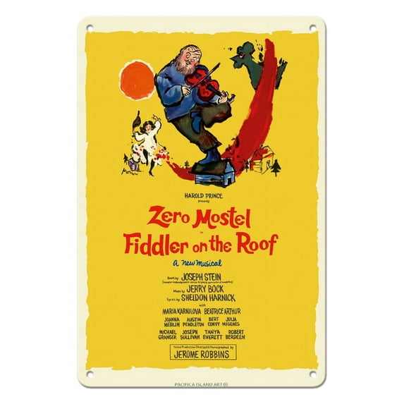 Fiddler on the Roof - Starring Zero Mostel - Musical by Harold Prince - Vintage Theater Poster by Tom Morrow c.1964 - 8 x 12 inch Vintage Metal Tin Sign