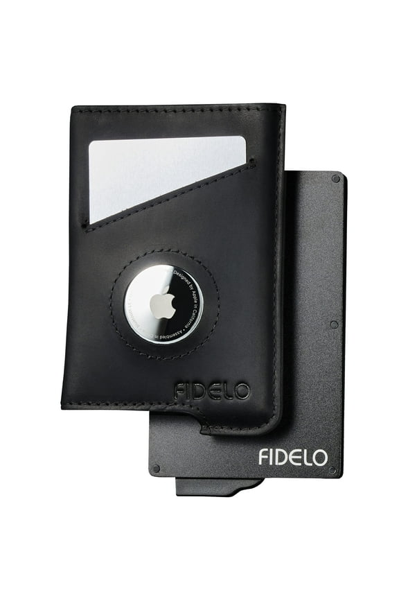 Black Crazy Horse Leather Flat Men's Wallet with Airtag Holder - RFID Blocking & Money Clip - Smart Air Tagged Wallet