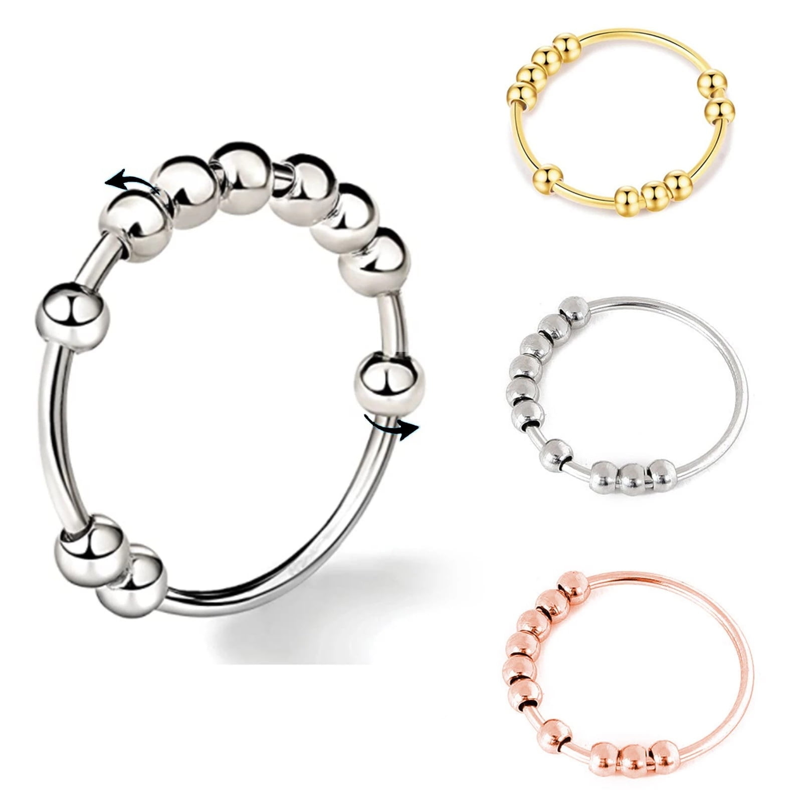 Fidget Anxiety Ring for Women 14K Yellow Gold Spinner Rotate Beads Anti-Stress Rings For Men Jewelry