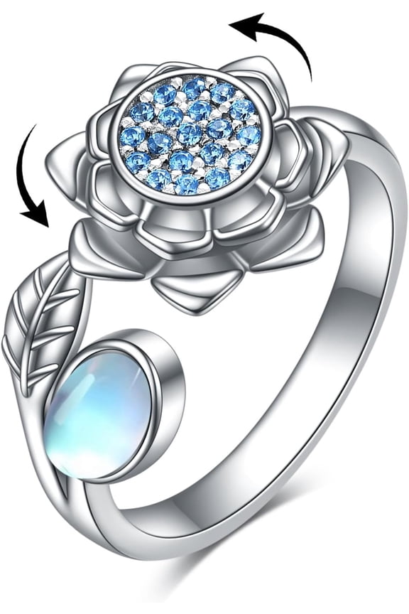 Fidget Anxiety Rings 925 Sterling Silver Moonstone Lotus Adjustable Rings for Anxiety Spinner Ring for Women lotus Flower Stress Relief Rings Lotus Jewelry for Wife Mom