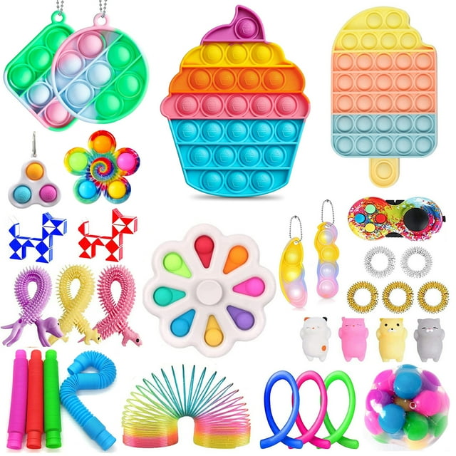 Fidget Packs Anti-Anxiety Tools,Sensory Push Pop Bubble with Marble Mesh Pop Anxiety Tube and Keychain Mini Fidget Block Set for Adults Kids