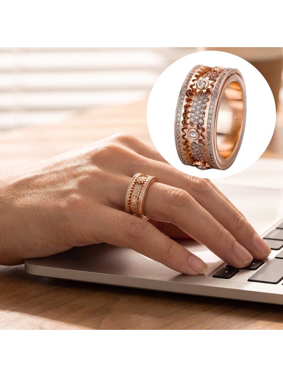 Fidget Ring Gold Tone, Spinning Gear Design with Sparkling CZ, Stress Relief Worry Ring for Office Work, Unisex Mechanical Jewelry for Him Her