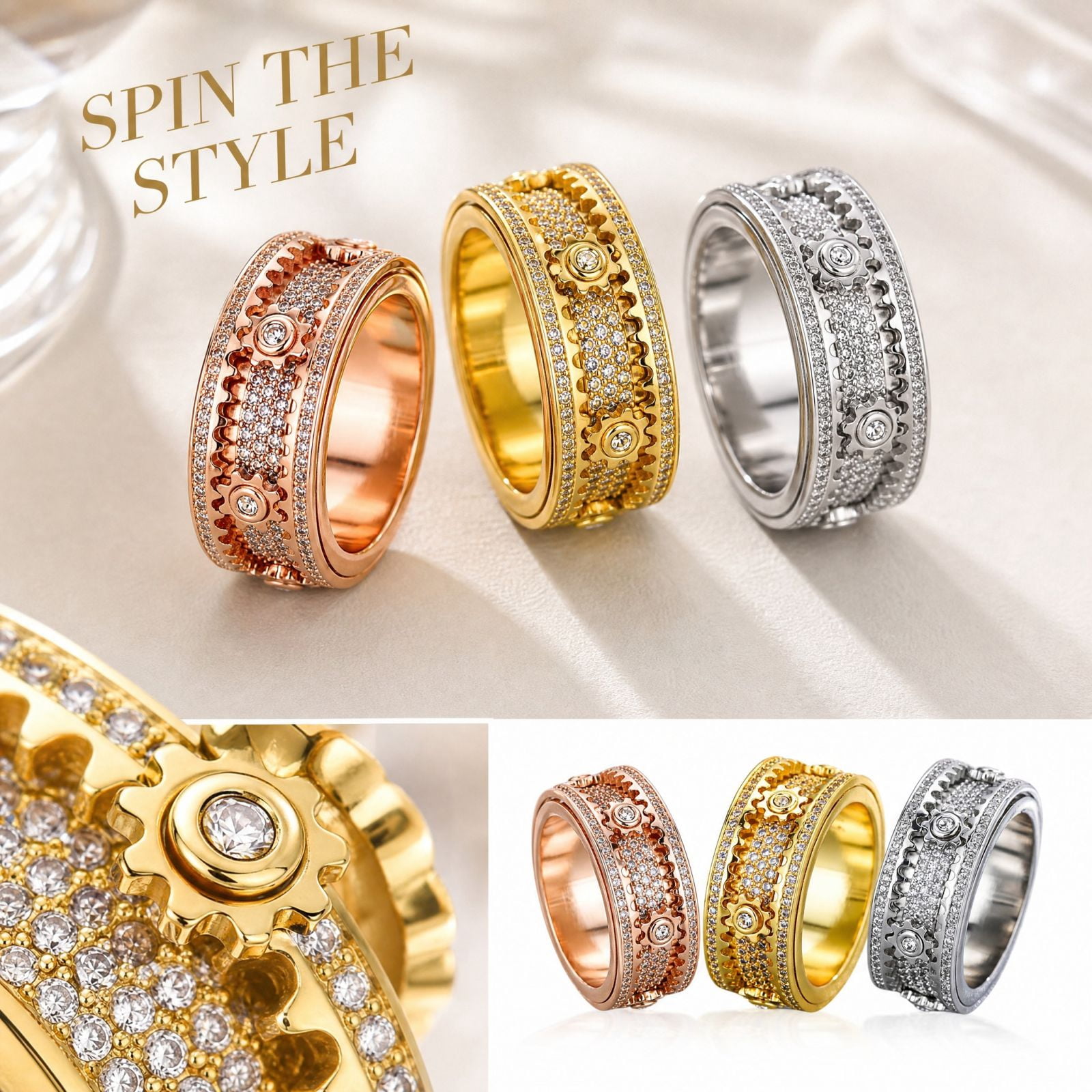 Fidget Ring Gold Tone, Spinning Gear Design with Sparkling CZ, Stress ...