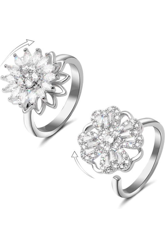 Fidget Ring Set, 18k Gold Plated Adjustable Sunflowers and Four Leaf Clover Spinning Rings for Women Anxiety Relief Cubic Zirconia Stackable Jewelry Gift 2 Piece
