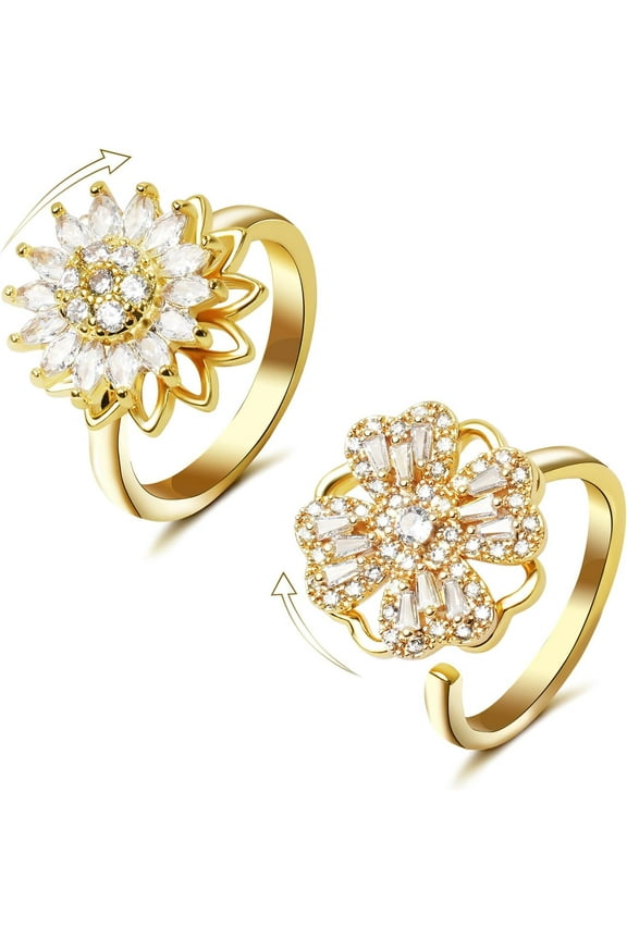 Fidget Ring Set, 18k Gold Plated Adjustable Sunflowers and Four Leaf Clover Spinning Rings for Women Anxiety Relief Cubic Zirconia Stackable Jewelry Gift 2 Piece