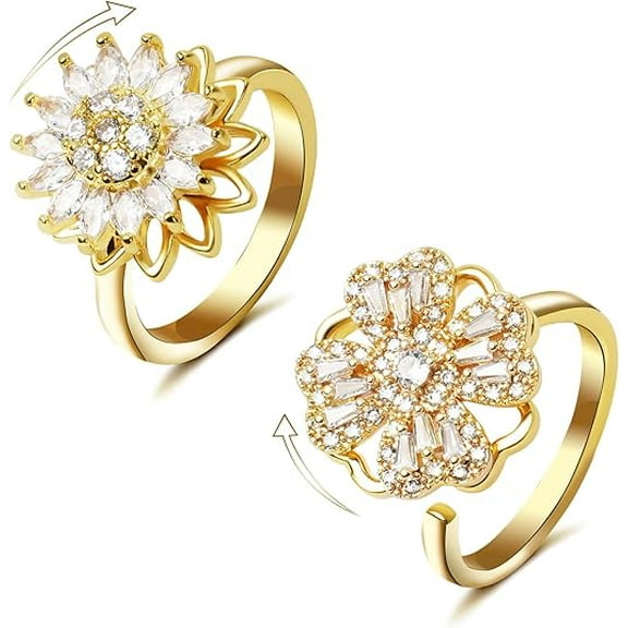 Fidget Ring Set, 18k Gold Plated Adjustable Sunflowers and Four Leaf Clover Spinning Rings for Women Anxiety Relief Cubic Zirconia Stackable Jewelry Gift 2 Piece