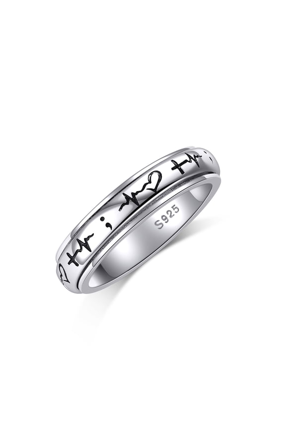 Fidget Ring Sterling Silver Heartbeat Anxiety Ring semicolon Spinner Band Ring Stress Relieving Jewelry Gifts for Women Men (9)
