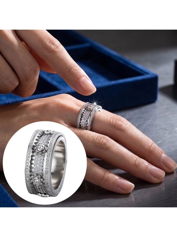 Fidget Ring White Gold Tone, Spinning Gear Design with Sparkling CZ, Stress Relief Worry Ring for Office Work, Unisex Mechanical Jewelry