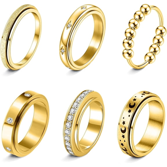 Fidget Rings for Anxiety 6pcs Stainless Steel Spinner Ring Anti Anxiety Ring Spinning Moon Star Cool Stress Relieveing CZ Rings for Women Men Band Rings Set