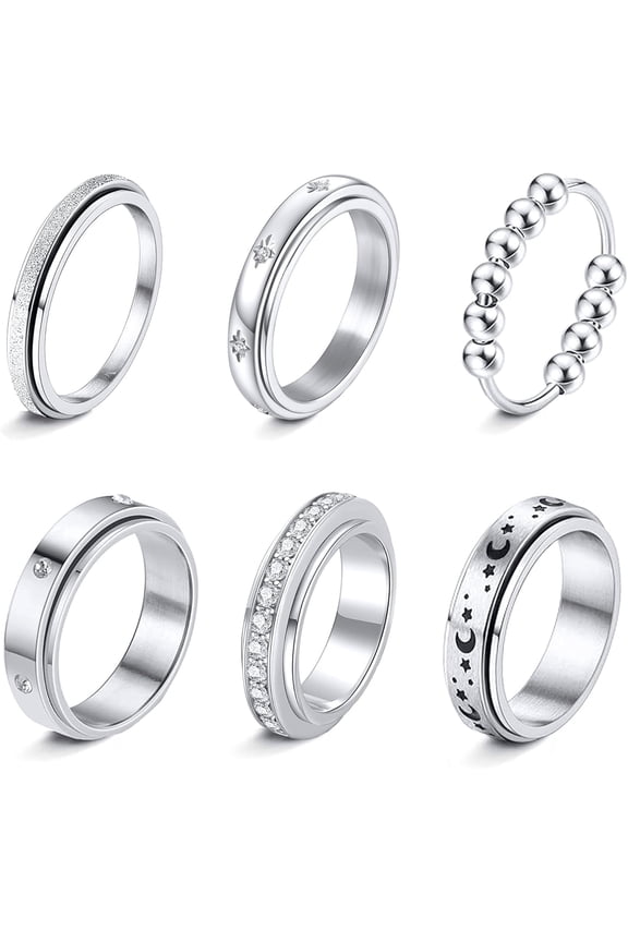 Fidget Rings for Anxiety 6pcs Stainless Steel Spinner Ring Anti Anxiety Ring Spinning Moon Star Cool Stress Relieveing CZ Rings for Women Men Band Rings Set