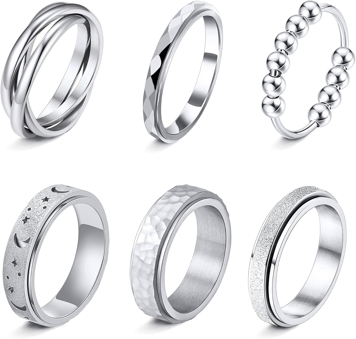 Fidget Rings for Anxiety 6pcs Stainless Steel Spinner Ring Anti Anxiety ...
