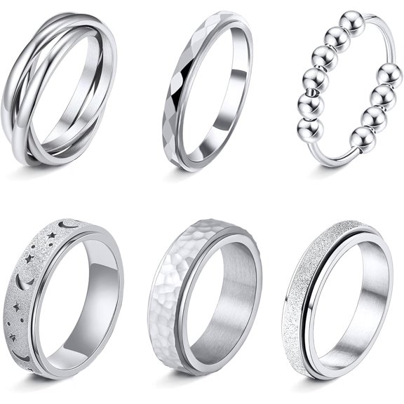 Fidget Rings for Anxiety 6pcs Stainless Steel Spinner Ring Anti Anxiety Ring Spinning Moon Star Cool Stress Relieveing CZ Rings for Women Men Band Rings Set
