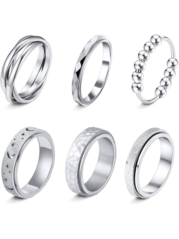 Fidget Rings for Anxiety 6pcs Stainless Steel Spinner Ring Anti Anxiety Ring Spinning Moon Star Cool Stress Relieveing CZ Rings for Women Men Band Rings Set