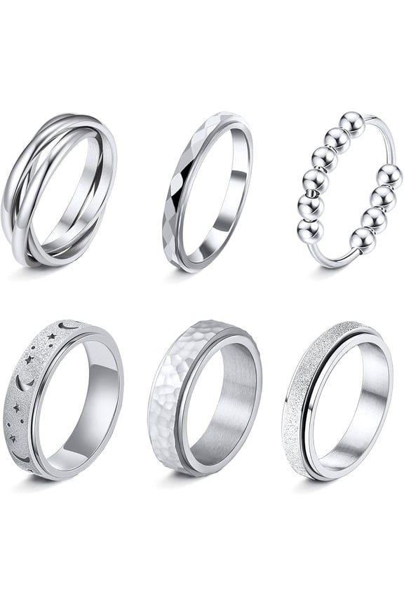 Fidget Rings for Anxiety 6pcs Stainless Steel Spinner Ring Anti Anxiety Ring Spinning Moon Star Cool Stress Relieveing CZ Rings for Women Men Band Rings Set