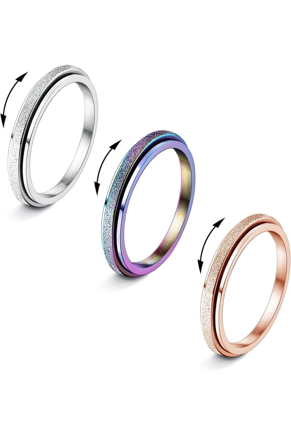 Fidget Rings for Women Men -2mm Titanium Steel Spinner Ring for Anxiety Stress Relief Glitter Sandblast Spinning Figit Anxiety Jewelry for Women Gifts